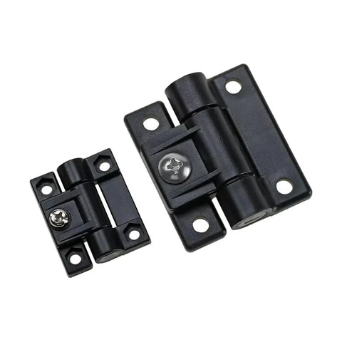 Front view of two black plastic cabinet hinges with mounting plates and screws, featuring adjustable damping.