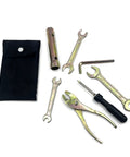 Compact Motorcycle Repair Tool Kit 8 Piece Portable Set with wrenches, pliers, screwdriver, and storage case displayed on white background.