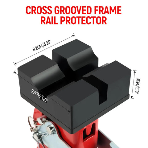 Close-up of Beefed Up 3 Ton Jack Stands With Adjustable Height 11.02 To 16.93 Inches, Cross Slotted Frame Rail, Rubber Pad Protector