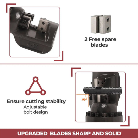 1050W Electric Rebar Cutter With 110V Hydraulic Pump Cuts Up To 3/4 Inch #6 Steel Rod In Just 3.5 Seconds showing adjustable bolt design and spare blades.