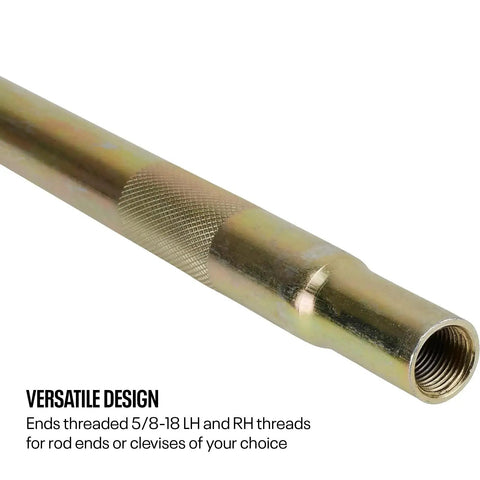 Durable Steel Tube For Five Eighth Inch Thread Rod Ends, Seven Eighths Inch Outer Diameter, Thirteen Inch Length, Zinc Plated For Corrosion Resistance, Dual Right Hand And Left Hand Threads For Quick Length Adjust, Knurled Grip For Easy Spinning, threaded end close-up