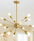 Sputnik Style 15 Light Modern Chandelier With Adjustable Arms In Anti Rust Gold Finish hanging in a bright room.