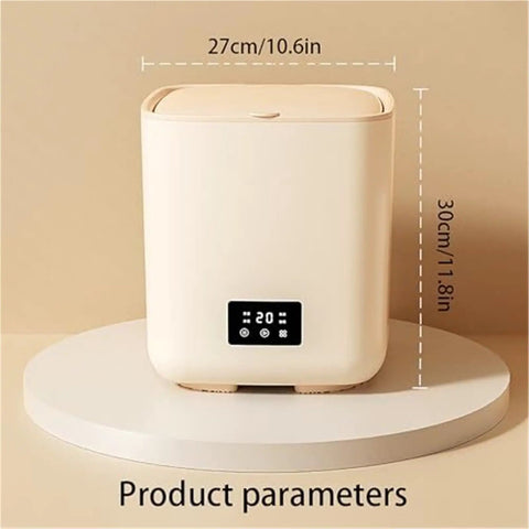 Hassle Free 7L Portable Washer Dryer, Compact Tabletop Mini Spin Cycle with digital display and dimensions on a light background.
