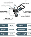 8800W Brushless Electric Circular Saw for Reinforced Concrete and Masonry Cuts with 270mm Depth and Dust Free Operation features special ring saw blades and safety switch.