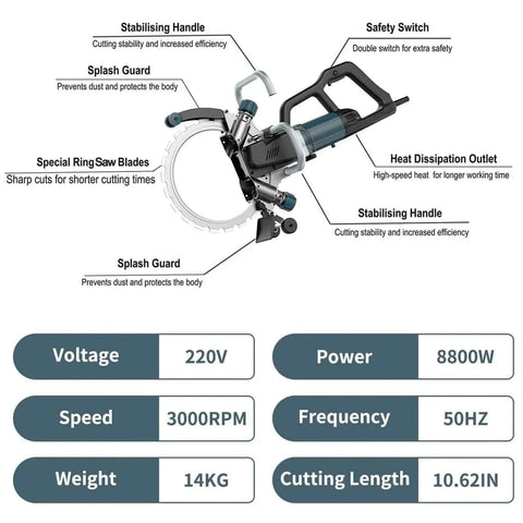 Pro Grade 8800W Electric Circular Saw Featuring 27 Cm Deep Cutting Grooves For Concrete Granite Porcelain And Wood With Pure Copper Brushless Motor At 3000 Rpm Includes Dual Diamond Blades showcased with features and specifications.