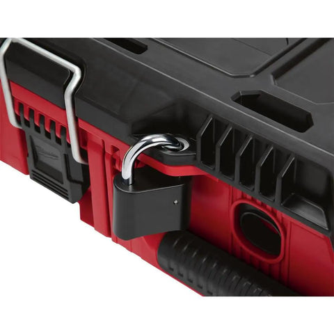 Close-up of Packout 22 Inch Tool Box With Heavy Duty Latches And Interior Organizer Trays Durable Modular Storage System in red and black.