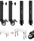 Heavy Duty 7 Inch Adjustable Metal Table Leg Extenders Featuring Smooth Rolling Locking Casters, black steel material, mounted on table.