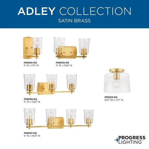 Adley Collection 3 Light Clear Glass Bath Vanity Light In Satin Brass showcasing various installation styles.