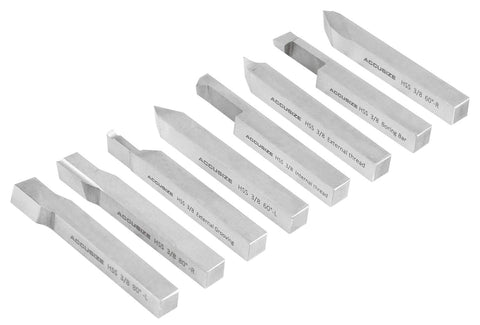 Pro-Grade 8 Piece Three Eighths Inch HSS Tool Bit Set For Turning And Facing Pre-Ground Lathe Tools With 80 Degree And 60 Degree Tips