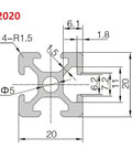 Sturdy 2pcs Aluminum Profile Extrusion Featuring Sleek T Slot Design That Is Totally Anodized, technical drawing with dimensions for 20mm profile.