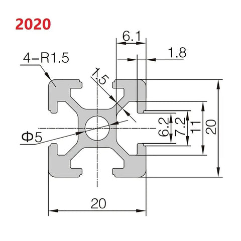 Sturdy 2pcs Aluminum Profile Extrusion Featuring Sleek T Slot Design That Is Totally Anodized, technical drawing with dimensions for 20mm profile.