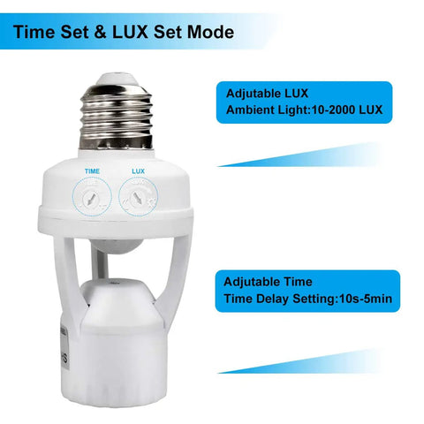 Motion Sensor Light Socket With PIR Detector E26 E27 Bulb Adapter Auto On Off Night Light Adjustable Ambient Light And Run Time Ideal For Garage Laundry Room Storage Area, white plastic