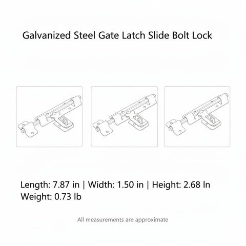 Heavy Duty Galvanized Steel Slide Bolt Gate Latch For Outdoor Garden Fences Barn Doors And Shed Entrances dimensions and details.