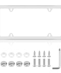 Zinc Alloy Chrome License Plate Frame Universal Car Accessory Slim Durable Design That Never Rusts Or Breaks With Metal Screws Chrome Caps And Screwdriver Kit For Easy Installation 1 Pack Silver, showing frame, screws, and screwdriver.