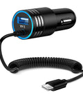 Blazing Fast USB C Car Charger Adapter With 3.4A Output, coiled cord design, plugs into cigarette lighter socket for hassle-free charging.