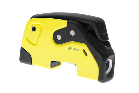 Spinlock XTR rope clutch, yellow and black plastic housing with Spinlock branding, side view