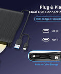 External Blu-ray Drive With 6X BD-RE Burning, USB-C And USB 3.0, 3D Blu-ray Playback, No-Fuss Setup And Fast BD DVD CD Writing, Reliable High-Speed Optical Drive For PC Or Laptop, Plug-and-Play Media Player, Backup, And Data Transfer. black external Blu-ray drive with USB 3.0 and Type-C cables