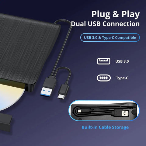 External Blu-ray Drive With 6X BD-RE Burning, USB-C And USB 3.0, 3D Blu-ray Playback, No-Fuss Setup And Fast BD DVD CD Writing, Reliable High-Speed Optical Drive For PC Or Laptop, Plug-and-Play Media Player, Backup, And Data Transfer. black external Blu-ray drive with USB 3.0 and Type-C cables