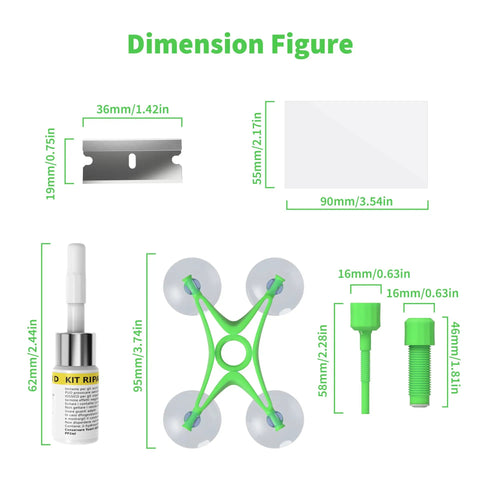 Dimensions and components of Windshield Chip And Crack Repair Kit With Suction Cup Bracket Glass Repair For Bulls Eye And Star Shaped Cracks Quick Easy DIY Fix For Car Windshield Chips Today