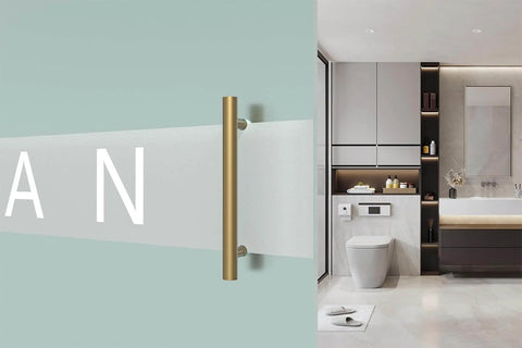 Titanium Gold Round Barn Door Handles Set, Double Sided Pull Push For French Doors And Exterior Shower Doors, shown in a modern bathroom.