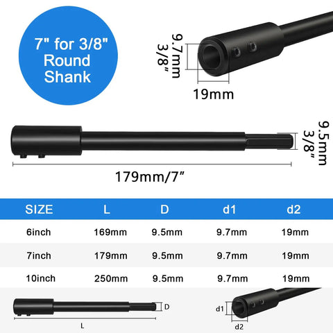 Seven Inch Forstner Bit Extension With 3/8 Drill Bit Extender showing dimensions and design for deep drilling tasks.