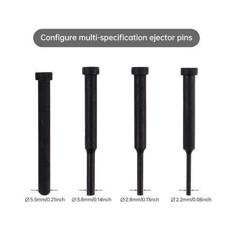 Four ejector pins with sizes displayed, part of the 13Pcs Chain Breaker Tools Kit With Chrome Vanadium Steel For Motorcycle ATV Dirt Bike Scooter And Bicycle Chain Repair Riveter Set With Press Anvils Pins And Carrying Case.