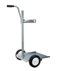 Metal dolly cart with two wheels and handle, designed for transporting heavy items.