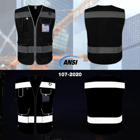 Stay Seen All Day High Visibility Safety Vest For Men And Women With 9 Pockets, Reflective Strips, 360 Degree Visibility, front and back view