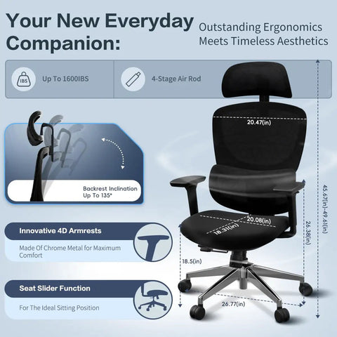 Heavy Duty Ergonomic Mesh Office Chair For Tall Folks With 4D Armrests 2D Headrest 135 Degree Recline Locking Swivel Seat Lock