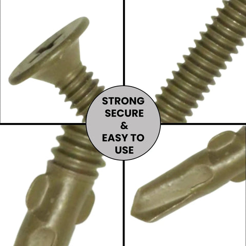 Close-up of Wood To Metal Self-Drilling Screws 10-24 X 1-7/16 Reamer Tek Wafer Head with strong and easy to use text