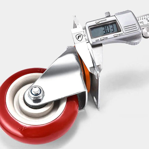 Heavy Duty Rubber Castor Wheels With Slam Dunk Brake Setup For Quiet Furniture Roll Rock Solid Steel Build and grippy non slip cushion close-up with measurement.