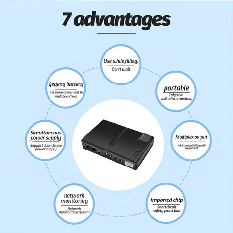 Rock Solid 18W DC UPS Power Backup shows advantages including portability, network monitoring, and multiplex output.