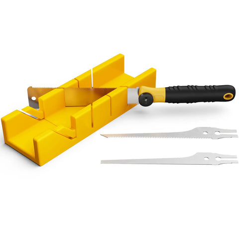 4 Piece Miter Box And Pull Saw Set With 3 Replaceable Blades for precise 45 and 90 degree cuts, compact for DIY woodworking projects