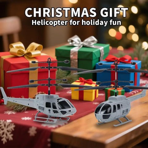 Two Pack RC Attack Helicopters For Kids And Teens with gifts in background, army style copters with realistic sounds and lights