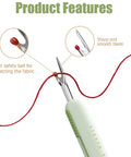 Close-up of the 2 In 1 Needle Threader And Seam Ripper Kit For Sewing And Crafting, showing green handle and pointed metal tips.