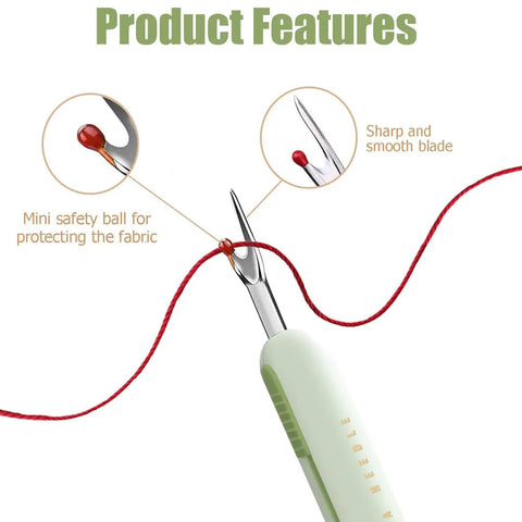 Close-up of the 2 In 1 Needle Threader And Seam Ripper Kit For Sewing And Crafting, showing green handle and pointed metal tips.