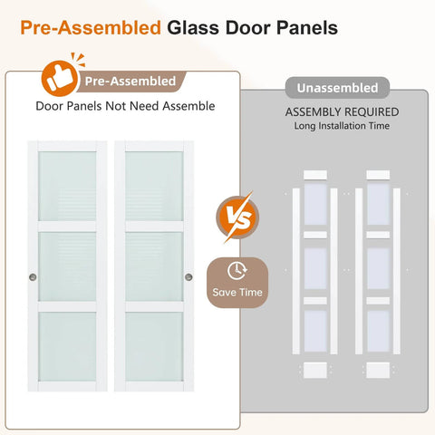 Comparison of preassembled vs unassembled Double 25 Inch Sliding Closet Door Set For Bedroom with 48 by 80 inch frosted panels