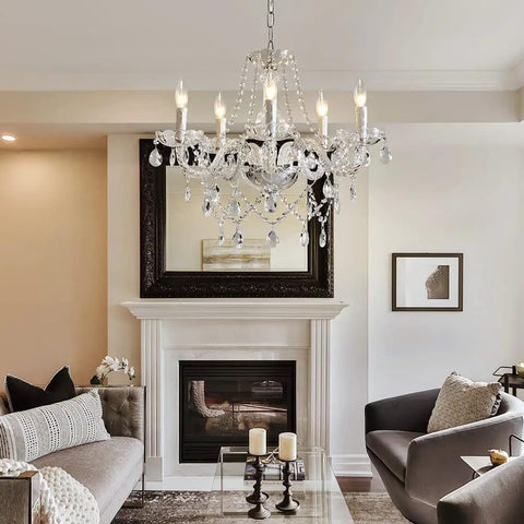 Five Light Modern Crystal Chandelier With K9 Glass Pendants hanging in a stylish living space with elegant decor