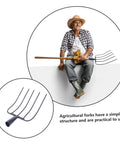 Heavy Duty Farm Fork For Clearing Manure And Grass Versatile Multi Function Pitch Fork With Spading Handle next to seated person