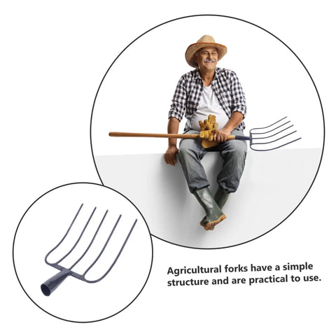Heavy Duty Farm Fork For Clearing Manure And Grass Versatile Multi Function Pitch Fork With Spading Handle next to seated person