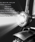 Front Headlight For E Bike With 2 Pin Male Waterproof Connector High Bright Led Bulb For Fat Tire Mountain Bikes 6 To 60V Compatible Sturdy Front Light For Night Riding, showing close-up view with specs.