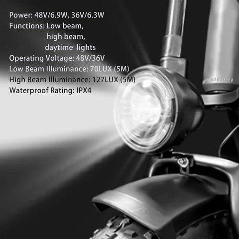 Front Headlight For E Bike With 2 Pin Male Waterproof Connector High Bright Led Bulb For Fat Tire Mountain Bikes 6 To 60V Compatible Sturdy Front Light For Night Riding, showing close-up view with specs.