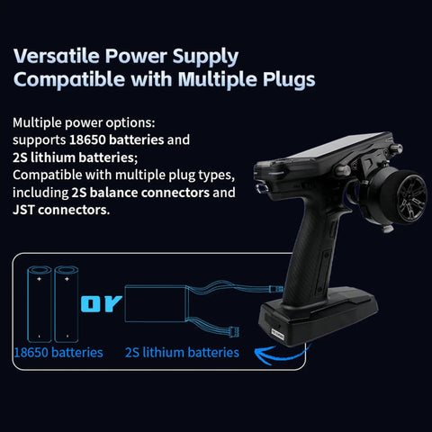 11 Channel 2.4GHz RC Transmitter With 3.5 Inch IPS Display And Dual Antennas, showing power supply options for cars and boats.
