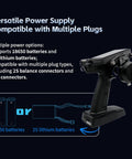 Dope 2.4Ghz 11CH RC Transmitter With IPS Display showing battery compatibility and plug options, black handle design