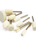 Built Tough Wool Buffing Wheels And Grinding Heads With Point Mandrel Kit For Rotary Tools Heavy Duty Felt Polishing Pads, assorted shapes and sizes.