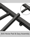 Close-up of Queen Size Metal Bed Frame With Chic Victorian Headboard And Footboard Built Tough Like A Tank Skip The Box Spring Hassle Free Setup Plenty Of Under Bed Storage Black showing anti-noise pad and assembly details.