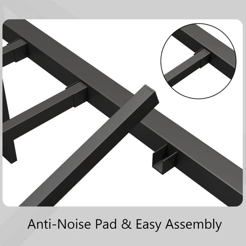 Close-up of Queen Size Metal Bed Frame With Chic Victorian Headboard And Footboard Built Tough Like A Tank Skip The Box Spring Hassle Free Setup Plenty Of Under Bed Storage Black showing anti-noise pad and assembly details.