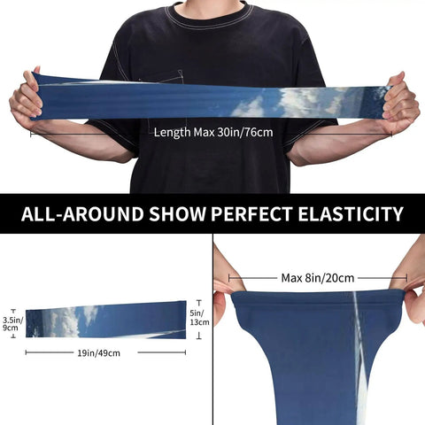 Person stretching moisture wicking ice silk arm sleeves, blue custom pattern, demonstrates elasticity, max length 30in/76cm