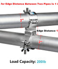 4 Pack Silver Swivel Double Truss Clamps For 2 Inch Truss System Built Tough Aluminum Alloy 220 Pound Max Load 360 Degree Swivel Dual Hinged Couplers For Flexible Cross Connection And Angled Mounting showing 2 inch pipe spacing and 1 inch edge distance