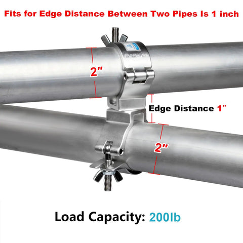 4 Pack Silver Swivel Double Truss Clamps For 2 Inch Truss System Built Tough Aluminum Alloy 220 Pound Max Load 360 Degree Swivel Dual Hinged Couplers For Flexible Cross Connection And Angled Mounting showing 2 inch pipe spacing and 1 inch edge distance